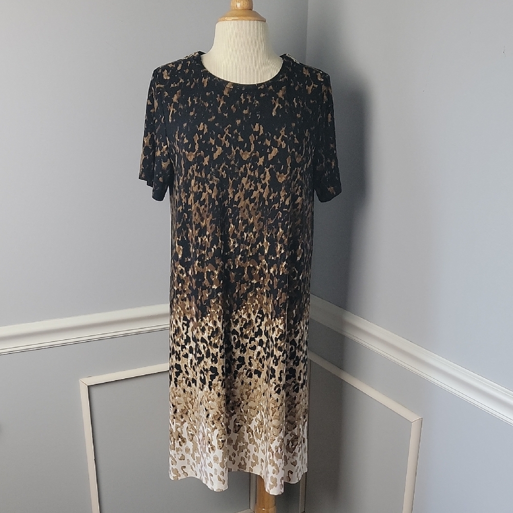 RAFAELLA Ombre Leopard Print Zipper Accent Short Sleeve Party Sheath Dress L